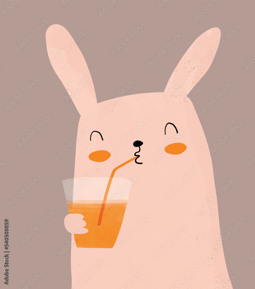 Obraz premium Sweet Nursery Vector Art with Pink Hand Drawn Bunny on a Brown Background. Cute Prints with Rabbit Drinking Carrot Juice ideal for Card, Poster, Wall Art. No Text. Easter Bunny.