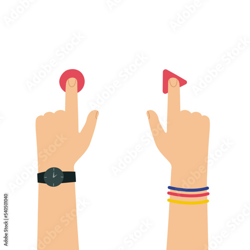 The index finger presses the button. Hands with a watch and a bracelet. Vector illustration in a flat cartoon style.