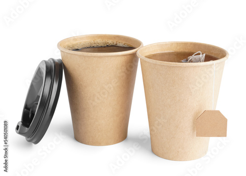 Paper cups of tea on white ...
