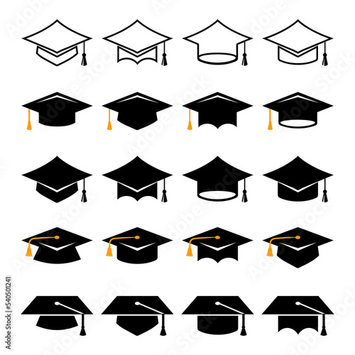 Graduation hat bundle, vector illustration, isolated images on white background. Square academic cap set. Black mortarboard hat with a yellow tassel in different positions, outline contour