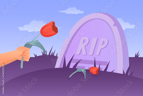 Putting flowers on grave. Burial graf funeral ceremony cemetery, sorrow orphan hand with flower at memorial tomb, mourning rip death concept, cartoon graveyard vector illustration