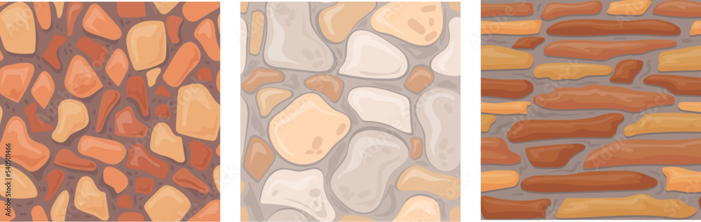 Cartoon stone tile. Game pavement wall texture, rock ground fossil floor cobblestone road seamless pattern castle landscaping background old grey cobble, neat vector illustration