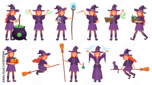 Young witches witchcraft. Redhead witch on broomstick, halloween broom comic wizard lady in dress, cartoon magic girl fairy woman magician character, ingenious vector illustration