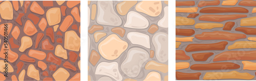 Cartoon stone tile. Game pavement wall texture, rock ground fossil floor cobblestone road seamless pattern castle landscaping background old grey cobble, neat vector illustration