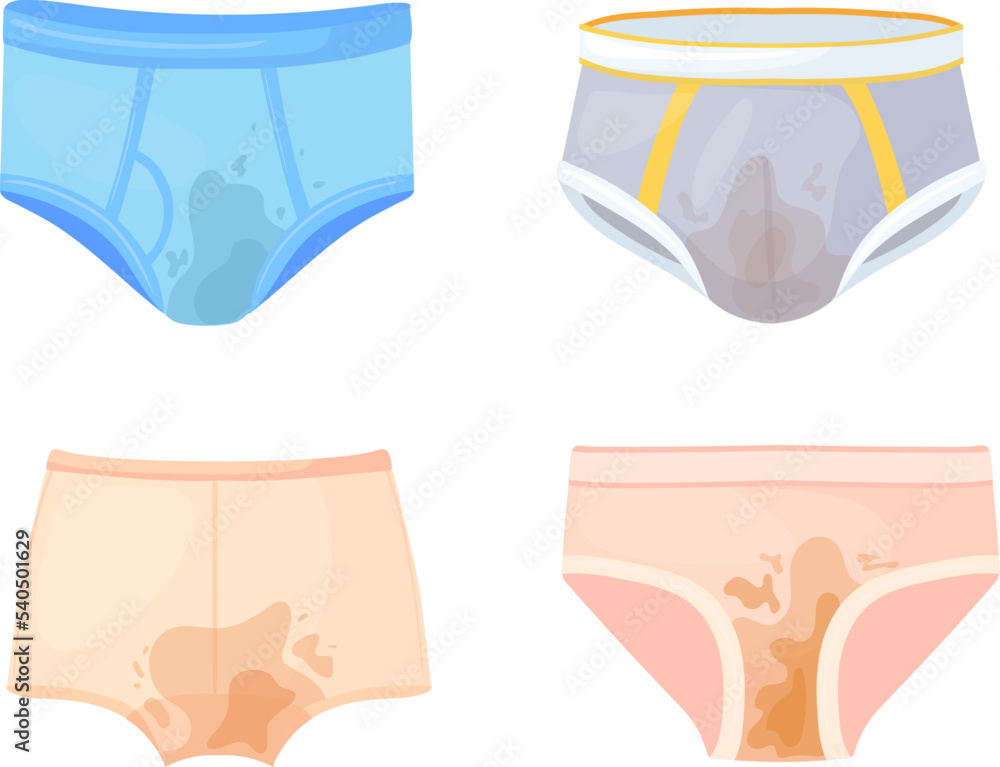 Dirty underwear. Mens and womens underpants with urinal stains, wet panties dirt hygiene shorts stinky pants mud bikini untidy undergarment woman pooping, neat vector illustration - obrazy, fototapety, plakaty 