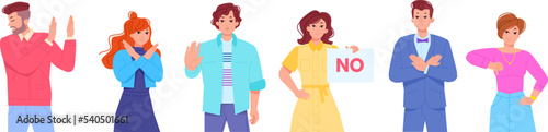 People disagree gestures. Teenager refuse say, disagreeing person negative gesture palms stop sign verbal language rejected concept ignore conversation swanky vector illustration