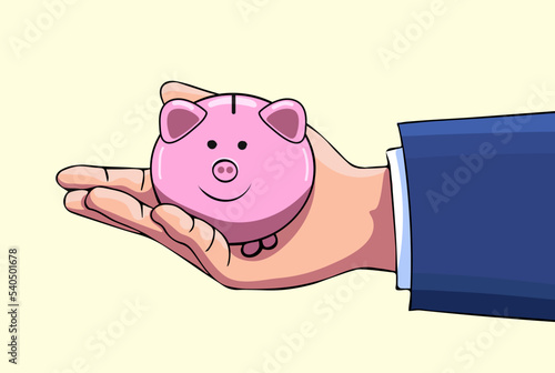 painted drawing of man's hand holding a pink piggy bank. Illustration in flat doodle style. concept of saving and investing money, reliability and security.