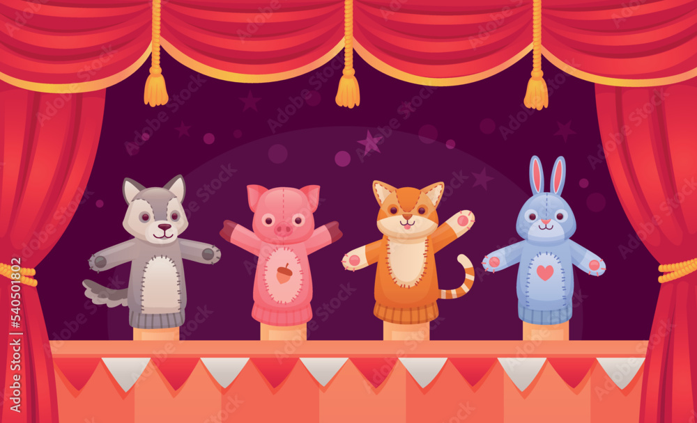 Puppet show. Kid doll theater, animal puppets performance on stage