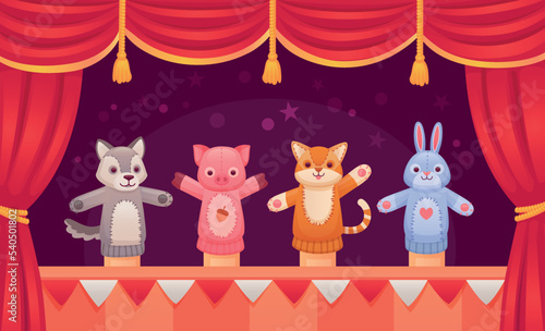 Puppet show. Kid doll theater, animal puppets performance on stage theatrical scenery, fairytale story children marionette toys from sock zoo dolls, ingenious vector illustration