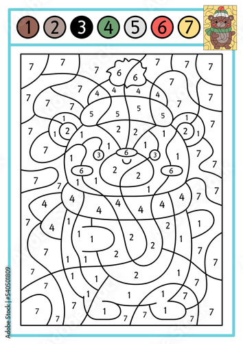 Vector Christmas color by number activity with cute kawaii bear in hat and scarf. Winter holiday scene. Black and white counting game with animal in warm clothes. New Year coloring page for kids.