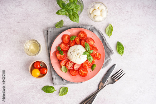 Composition with tasty mozzarella cheese, tomatoes, basil and oil on light background