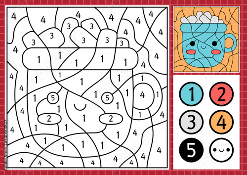Vector Christmas color by number activity with cute kawaii cacao mug with marshmallow. Winter holiday scene. Black and white counting game with hot drink. New Year coloring page for kids.