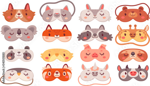 Dreaming masks. Blindfold with drawing cute animal or cat face, eyemask sleeping time for travel dream, pajama party sleep eye mask spa girl nightwear ingenious vector illustration