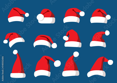 Hat santa christmas set decorations and design isolated on blue background illustration vector 