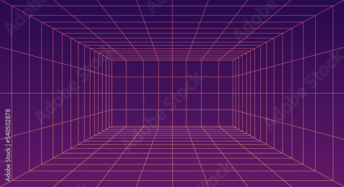 Futuristic 3D wireframe room. Perspective grid. Futuristic digital hallway space in virtual reality