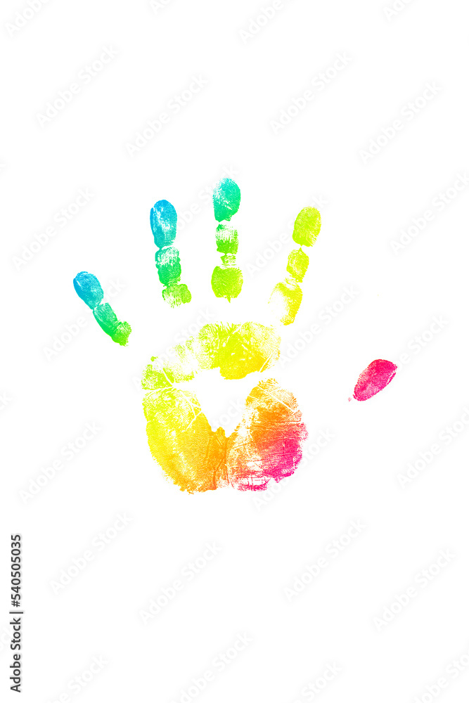 Imprint with the colors of the rainbow of a hand printed on a white paper as a symbol Imprint with the colors of the rainbow of a hand printed on a white paper as a symbol