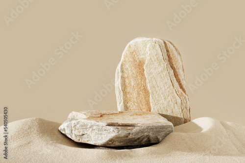 Stone podium mock up for product cosmetic with sand