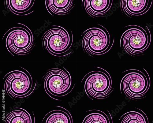Seamless pattern purple spirals swirls on black, colorful background, original texture, interesant textile print, unusual wallpaper, for design, phone cover, art