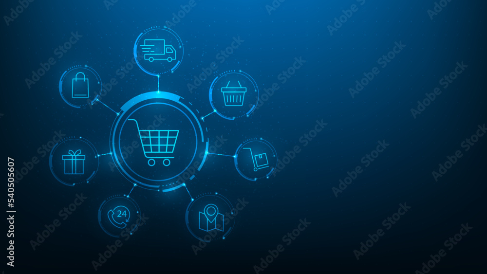 online shopping digital technology with icon on blue background. e-commerce online store marketing. vector illustration digital fantastic design. internet supermarket connect. low poly wireframe. online shopping digital technology with icon on blue background. e-commerce online store marketing. vector illustration digital fantastic design. internet supermarket connect. low poly wireframe.
