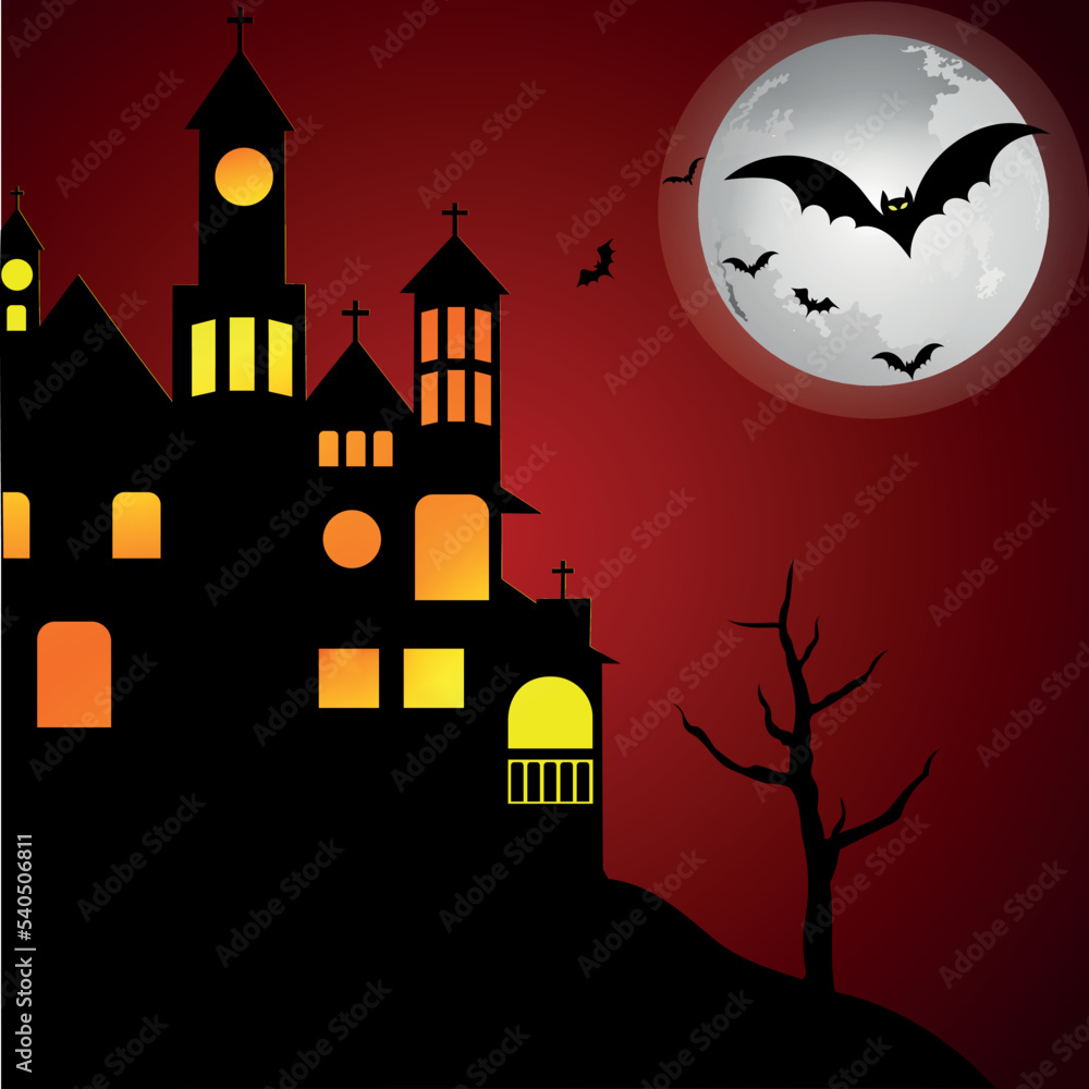 Poster night with a full moon on the background of the castle and bats, in the style of Halloween.
Vector illustration