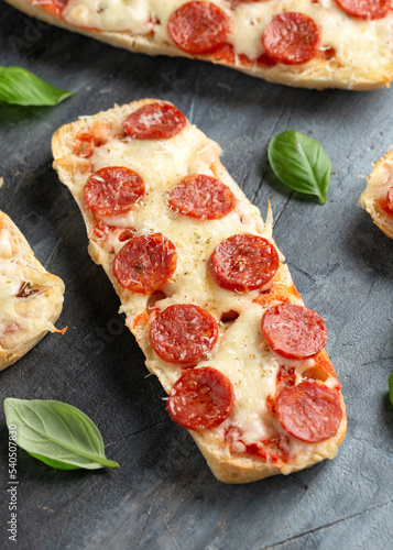 Pizza sandwiches with tomato sauce, mozzarella, pecorino cheese and salami
