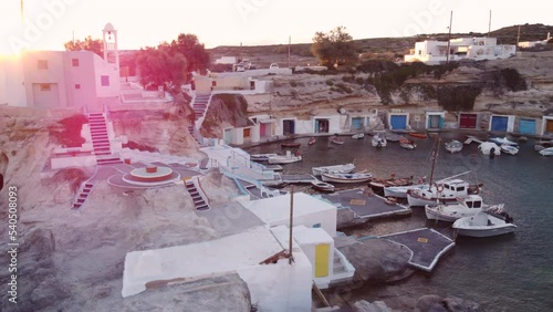 Mandrakia Fishing Village Aerial View in Aegean Sea, Cyclades Island, Greece
