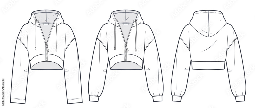 Cropped Hoodie Sweatshirt technical fashion illustration. Oversize  Sweatshirt fashion technical drawing template, zip-up, long sleeve, front  and back view, white, women, men, unisex cad mockup set. Stock Vector |  Adobe Stock