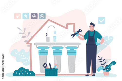 Plumber installs water purification system in house. Male specialist with tools engaged in maintenance of liquid filters. Home water filtration installation services.