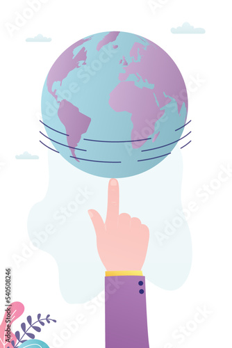 World spinning on index fingertip. Global business, network, world communication concept. Businessman or politician spinning planet earth on finger. Leadership, control of business processes.