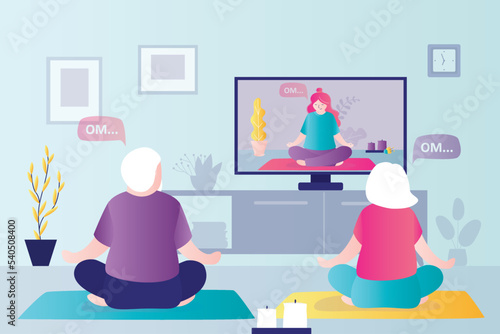Elderly couple practicing yoga by video lesson. Online trainer teaches grandparent to meditate in lotus position
