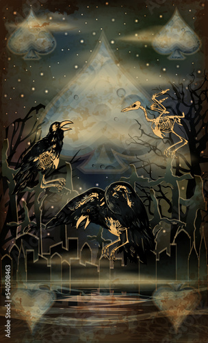 Halloween poker spades card, cemetery, cross and dead crow, vector illustration © CaroDi
