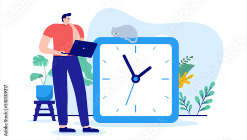 Man and clock - One person standing with laptop computer watching time, minutes and hours go. Flat design cartoon vector illustration with white background