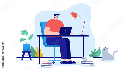 Man working on computer - Vector illustration of person sitting at desk with laptop doing work and concentrating. Flat design with white background