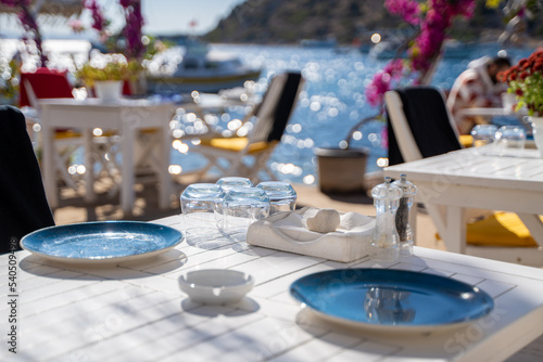 table setting at a fancy beach restaurant