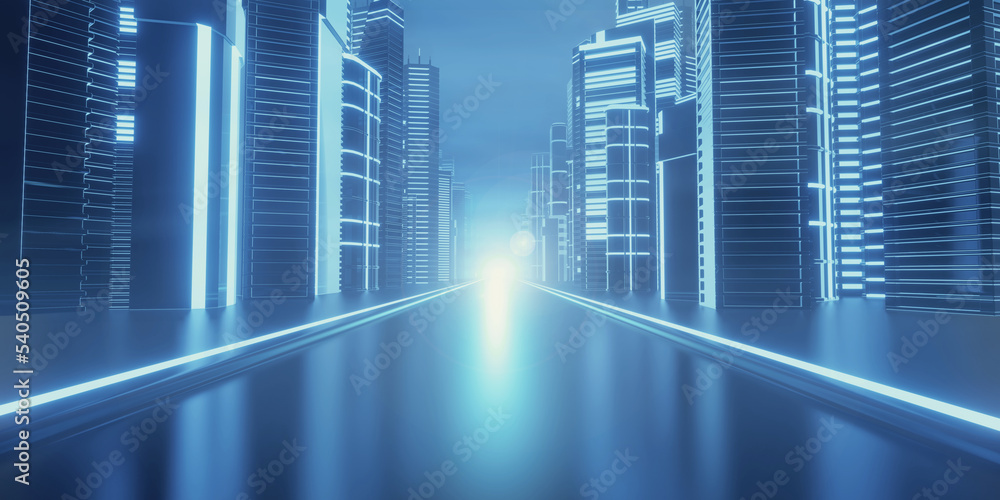 Perspective view dark blue city road with light reflection building background for technology concept. 3D illustration rendering.