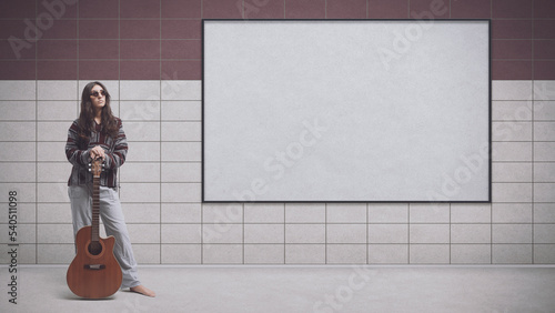 Traveling hippie woman and blank sign