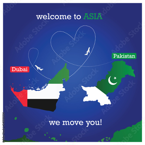 Dubai to Pakistan travel greeting card. vector illustration