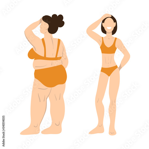 thin and fat woman. girl before and after weight loss. vector illustration in flat cartoon style.