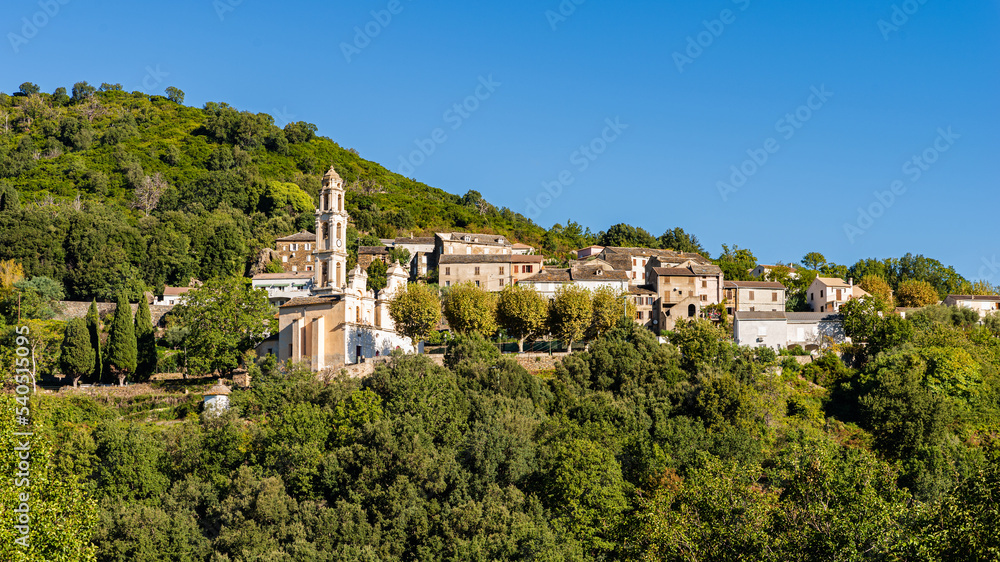 Panoramic view of Pietra di Verde, a dreamy mountain village nestled in the mountains of Castagniccia. Corsica, France