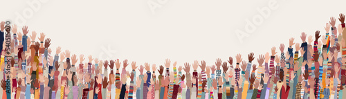 Group hands up of diverse people.Diversity multiethnic people. Racial equality. Men and women of different culture and nations. Coexistence harmony. Multicultural community integration photo