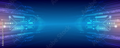 Hi-tech communication illustration on a blue background. 5G high-speed information transmission technology. The global wireless standard concept.