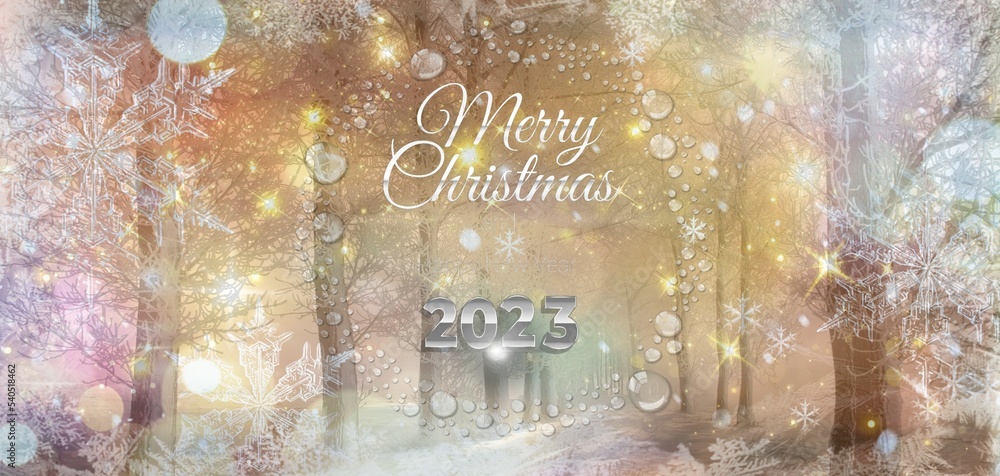 Merry Christmas And Happy New Year 2023 Greeting Card With Snowflakes 