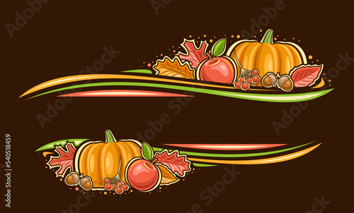 Vector border for Thanksgiving Day with empty copyspace for congratulation text, decorative invitation with cartoon illustration of maple leaves, red apples, rowan branch for thanksgiving day on dark