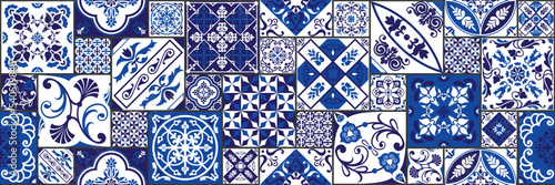 Vector tile pattern, Lisbon floral mosaic, Mediterranean seamless navy blue ornament