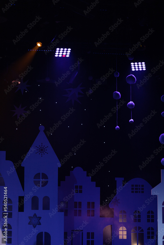 Naklejka premium Theatrical scene without actors, scenic colorful light and smoke