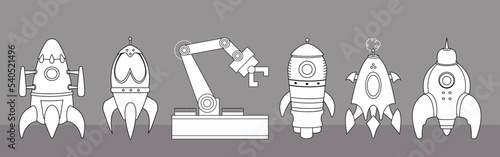 A set of crystals and a robot arm for the construction and assembly of mechanisms. Silhouettes on a gray background, cartoon comics, casual graphics, line art, flat style. Spaceships and robot.