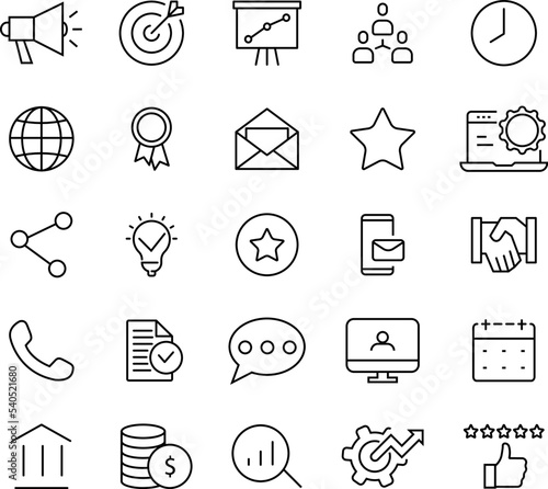 Set of outline icons about marketing process, finance. Collection of simple black symbols. Vector illustration. EPS 10