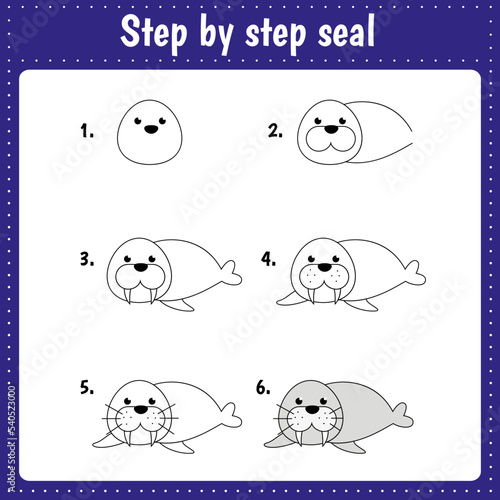 Educational worksheet for kids. Step by step drawing illustration. Seal. Activity page for preschool education.