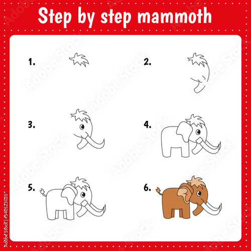 Educational worksheet for kids. Step by step drawing illustration. Mammoth. Activity page for preschool education.