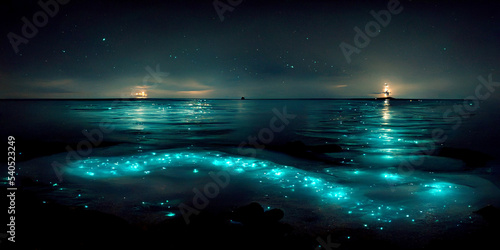 Bioluminescence. Bio luminescent ocean. Bioluminescent plankton in the sea photo